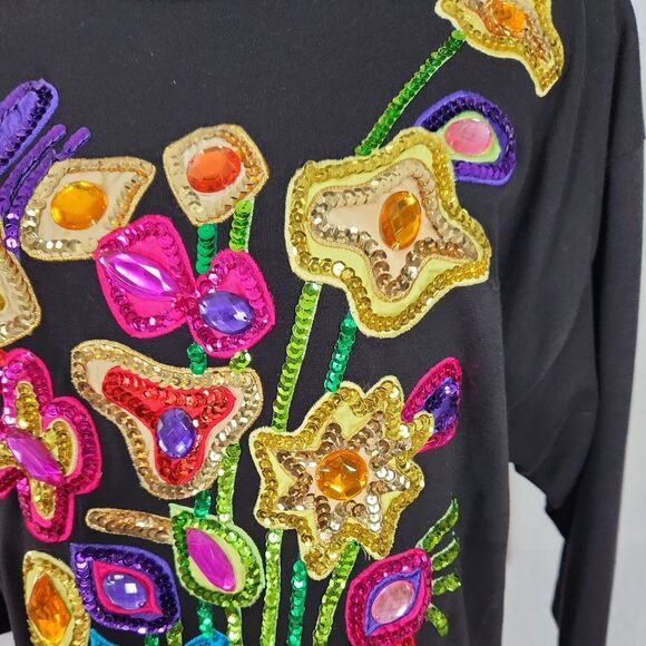 Vtg Victoria Harbour Medium Sequin Embellished Black 3/4 Sleeve Floral Shirt Top - Picture 5 of 11